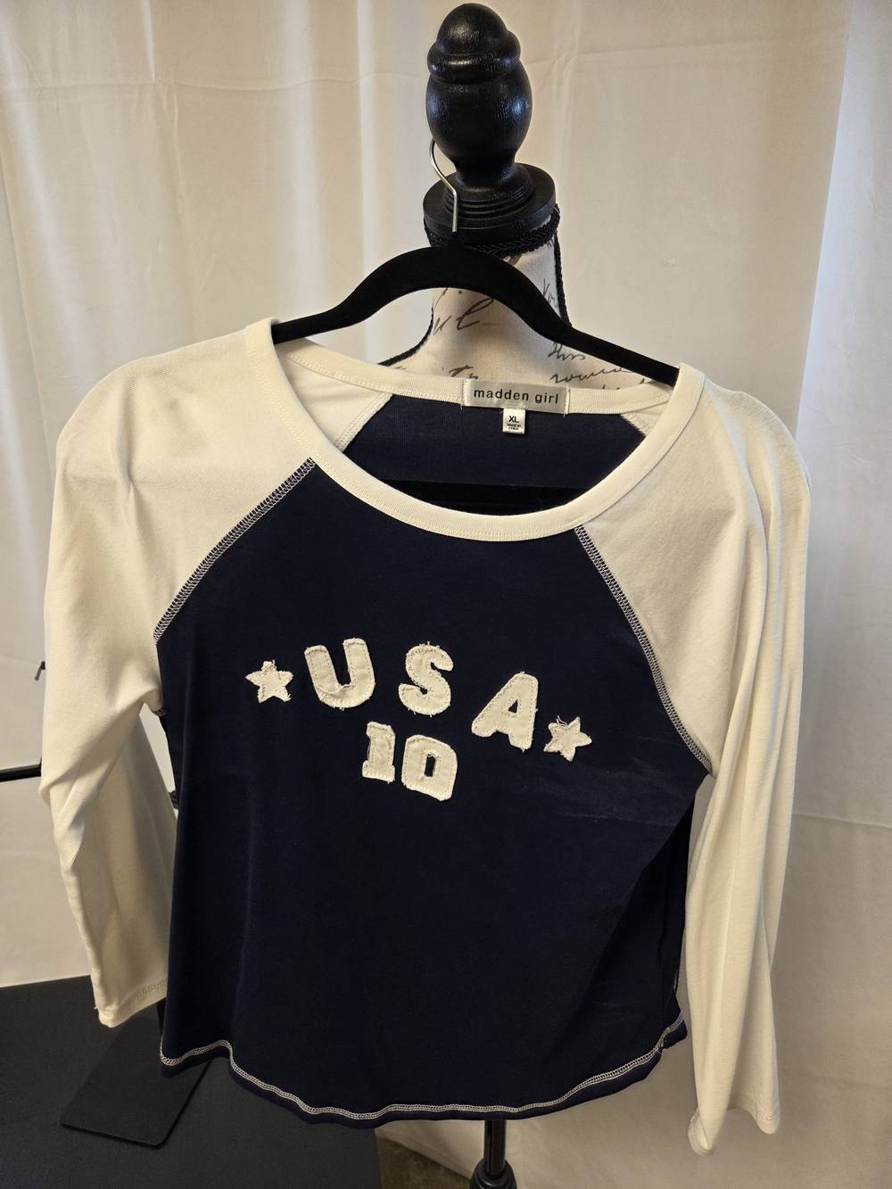 Madden Girl Navy and White USA Raglan Crop Top